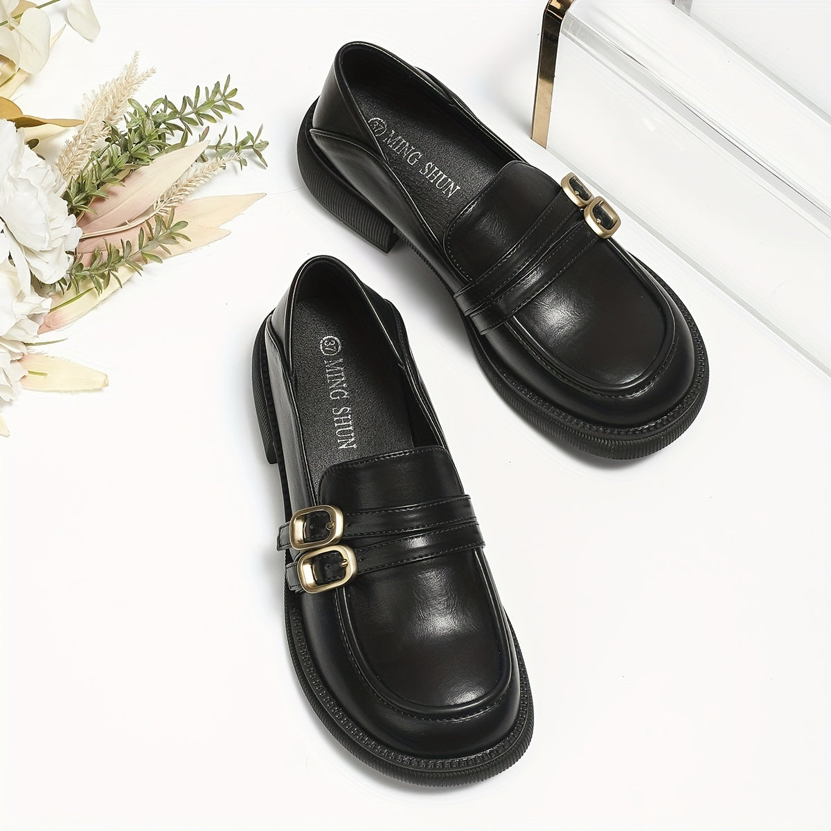 Chunky Loafers with Two Buckle Straps, Round Toe