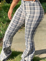  Plaid Print High Rise Flare Leg Trousers