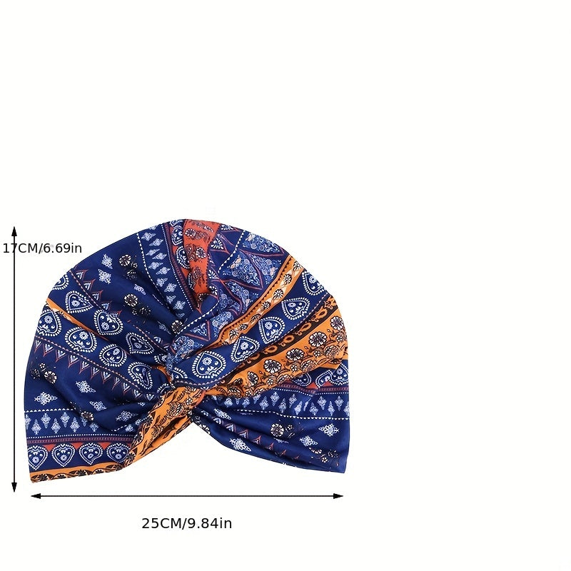 Boho Floral Print Turban Cap Elastic Beanie Knotted Pleated Head Wrap