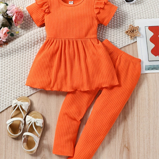 2pcs Toddler Girls Ruffle Peplum Tops & Elastic Waist Pants Set