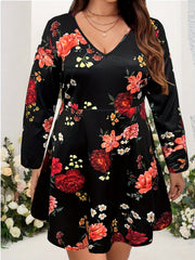  Floral Print Long Sleeve V Neck Dress