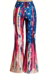 Print Flare Leg Pants Shirred Waist Casual Pants
