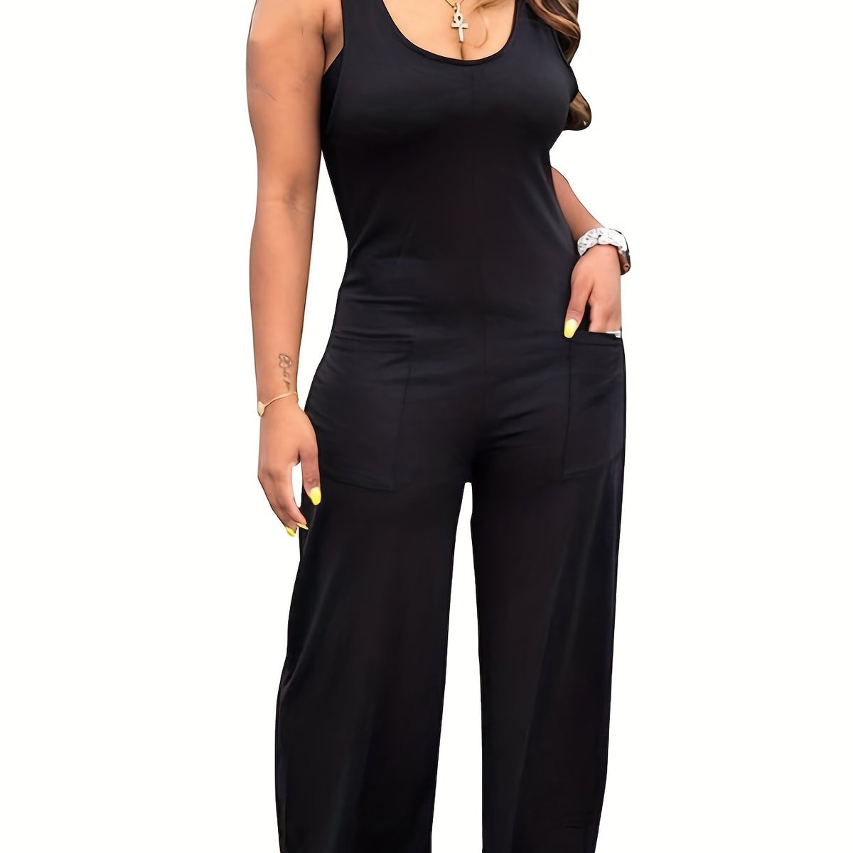 Solid Sleeveless Jumpsuit Casual Wide Leg Jumpsuit