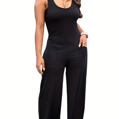 Solid Sleeveless Jumpsuit Casual Wide Leg Jumpsuit