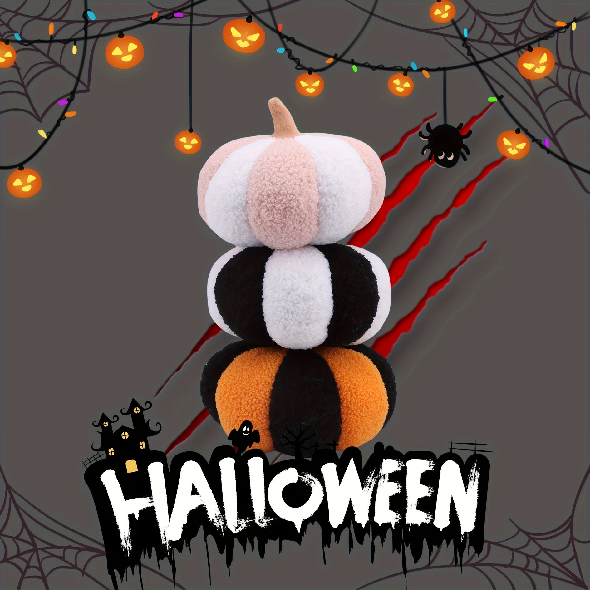 Gothic Halloween Pumpkin Plush Toy 19 3D Fluffy Striped Pumpkin Cushion