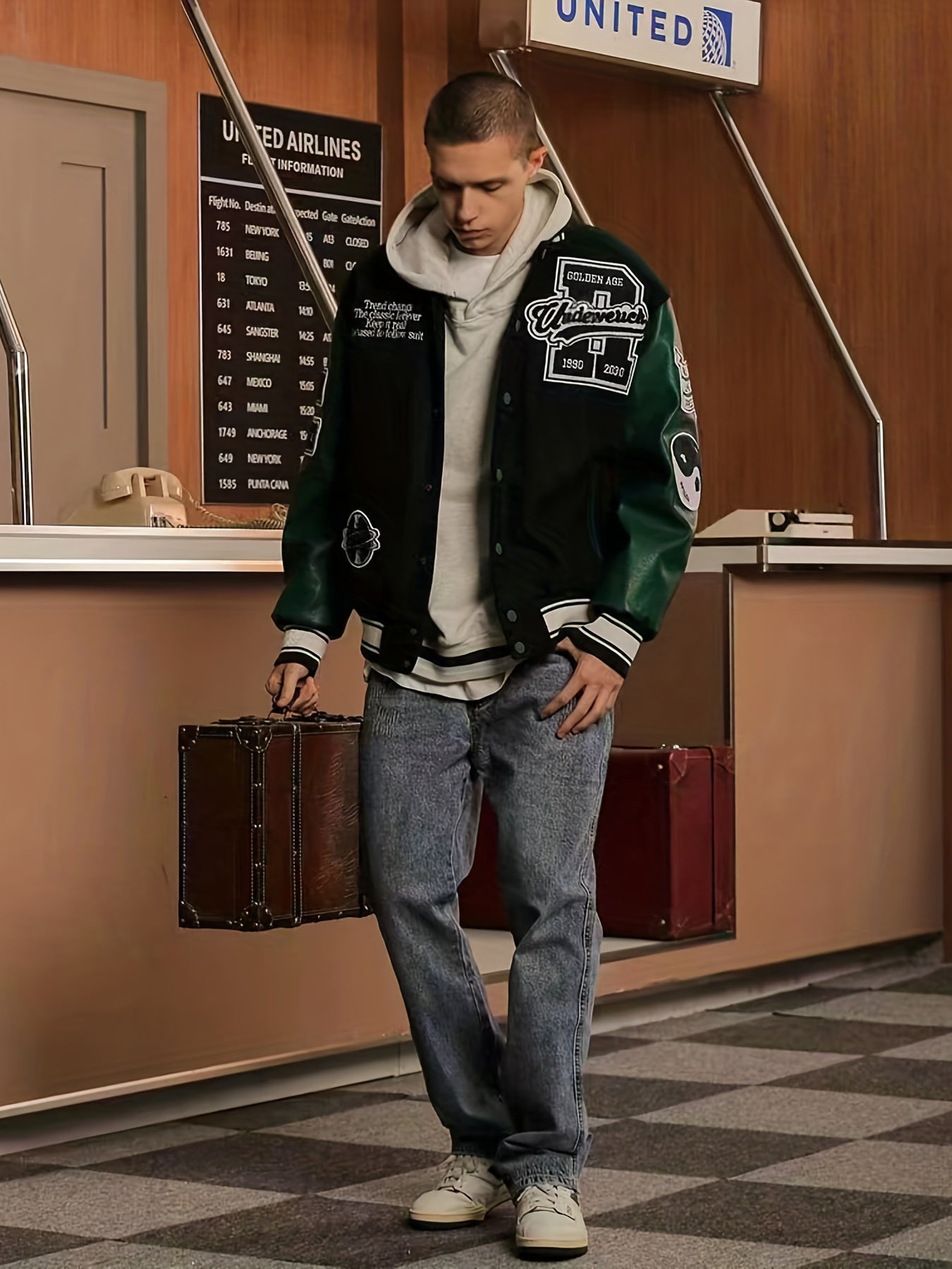 Varsity PU Jacket Men's Vintage Style Letter Print