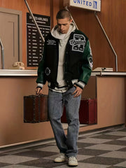 Varsity PU Jacket Men's Vintage Style Letter Print