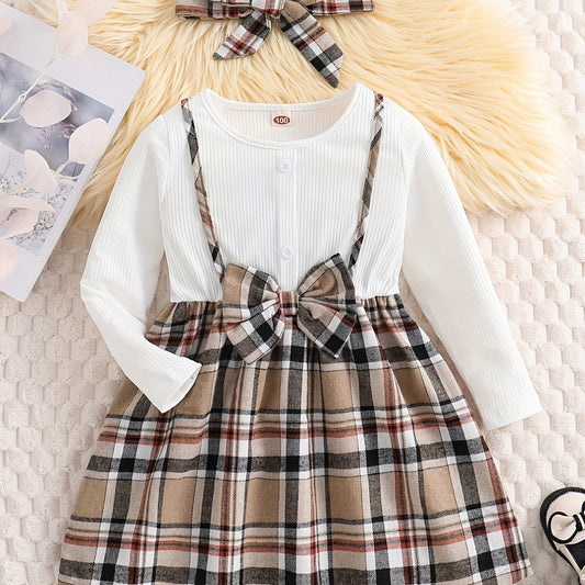 Girls' Preppy Plaid Dress and Headband Set for Party