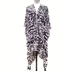 Boho Leopard Printed Shawl Fringed Cardigan Wrap for Women