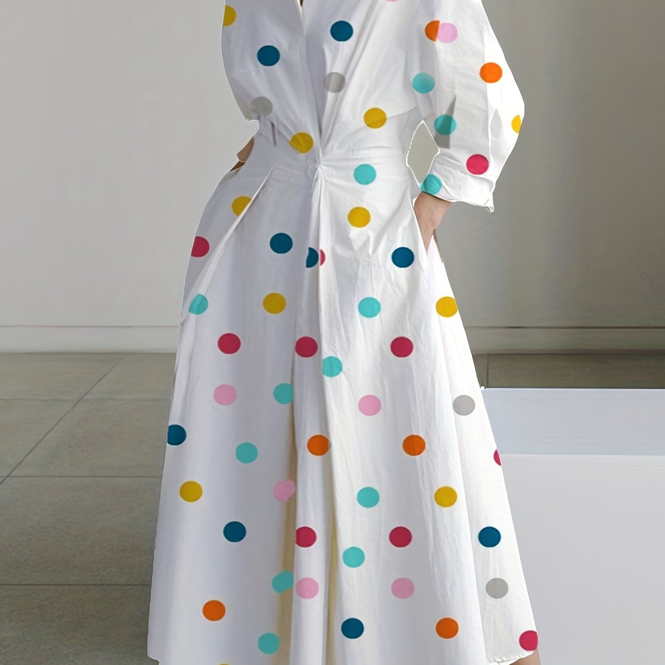  Colorful Dot Print Long Sleeve Maxi Shirt Dress