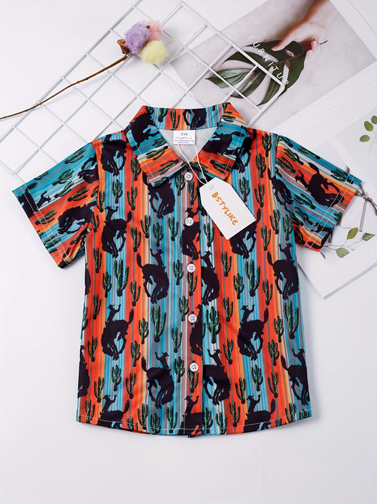Boys Bull Cactus Striped Short Sleeve Button Down Shirt Casual Summer Clothes