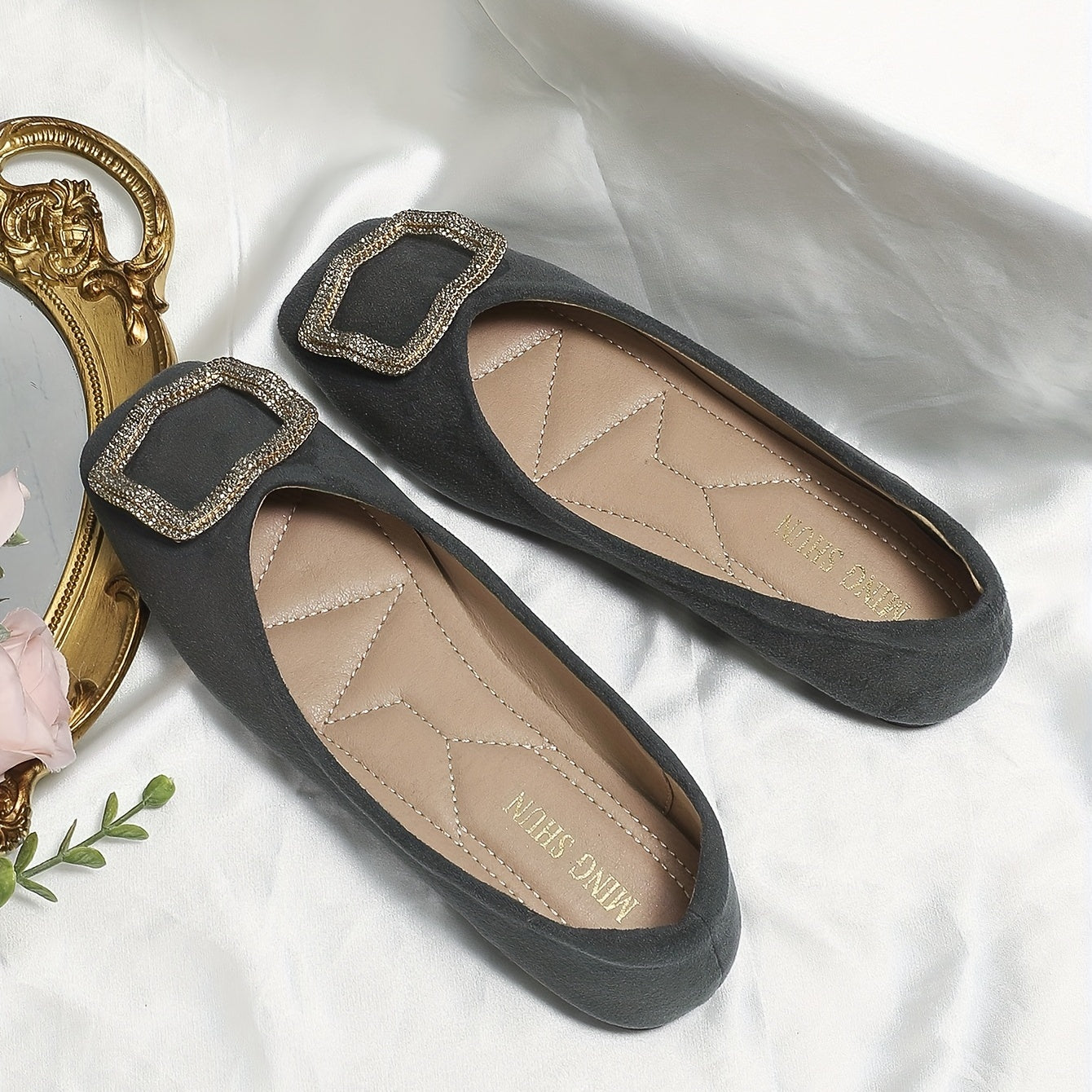 Women's Square Toe Ballet Flats with Rhinestone Buckle