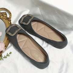 Women's Square Toe Ballet Flats with Rhinestone Buckle