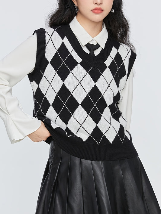 Argyle Plaid Sweater Vest V neck Sweater Vest For Fall & Winter
