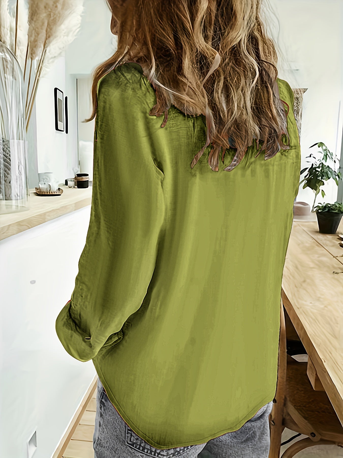  Casual Solid Long Sleeve Blouse Lapel Collar Top