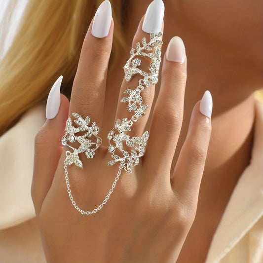 Leaf Shape Mittens Finger Ring Inlaid Rhinestone Finger Jewelry