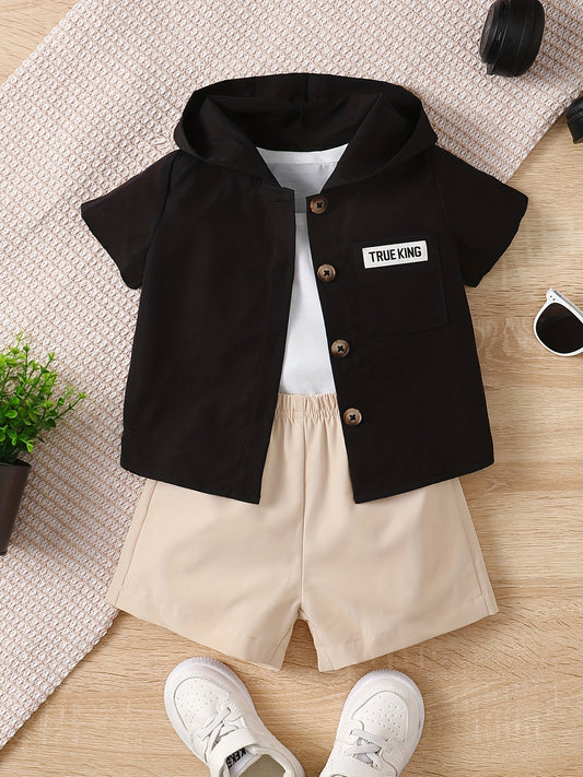 Boys Casual 3pcs Outfit T-shirt & Coat Top & Shorts Set