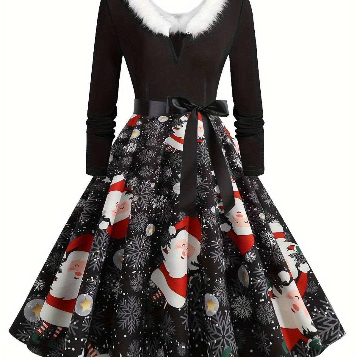 Women's Plus Size Christmas Dress Santa Claus & Snowflake Knot Front