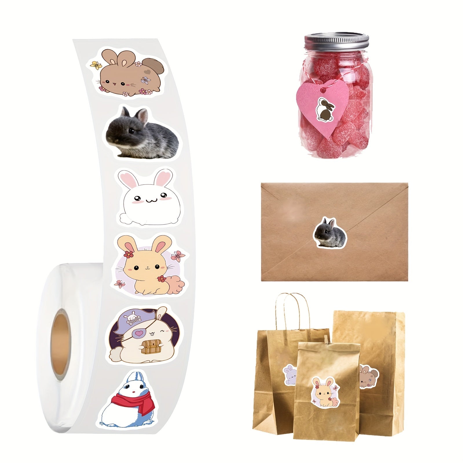 500pcs Rabbit Stickers Roll for Water Bottles Laptop Phone Motorcycle