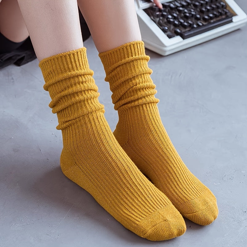 5 Pairs Warm Mid Tube Women's Solid Socks Comfy Stockings