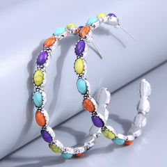 Turquoise Bohemian Metal Hoop Earrings Silver Plated Jewelry Party Decor 1Pair