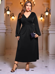 Solid Lantern Sleeve Surplice Neck Maxi Dress