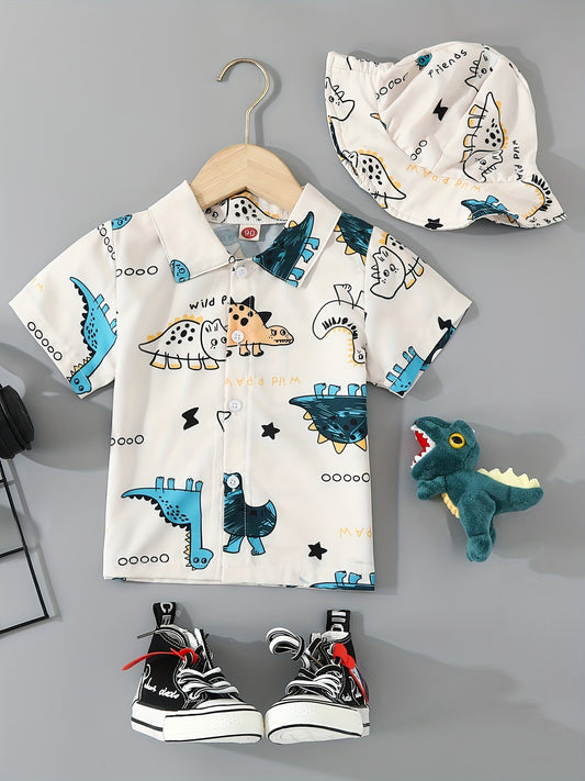 2pcs Boys Teen Dinosaur Short Sleeve Shirt & Hat Set Clothes For Summer