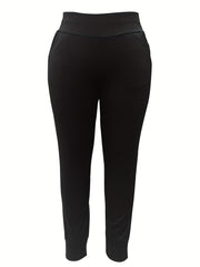  Solid Wide Band Waist High Rise Tapered Leg Pants