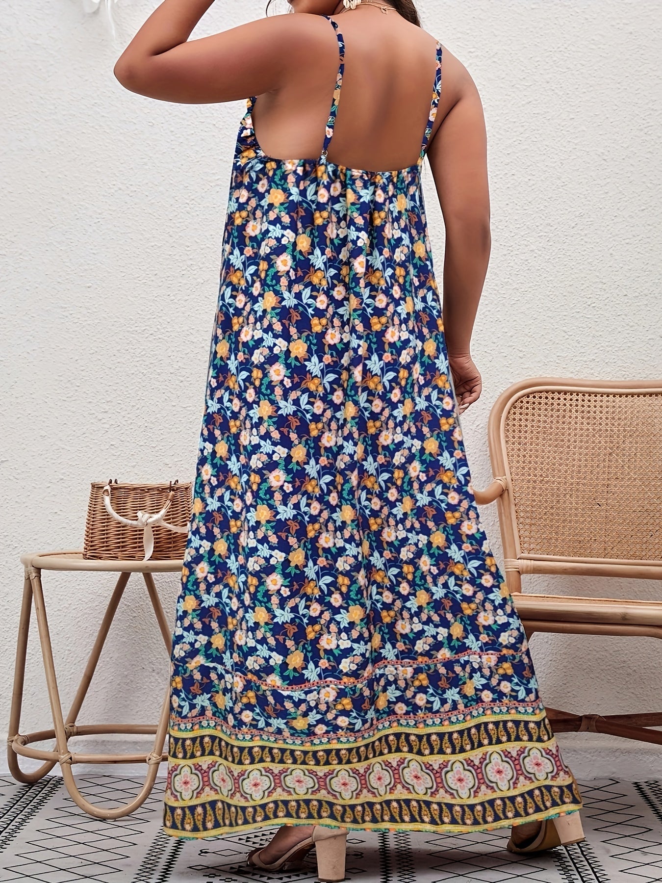  Boho Cami Dress Women's Plus Floral Print V Neck Backless Maxi