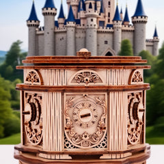 Vintage 3D Puzzle Music Box Layered Mechanical Intricate Carvings Beige Wooden