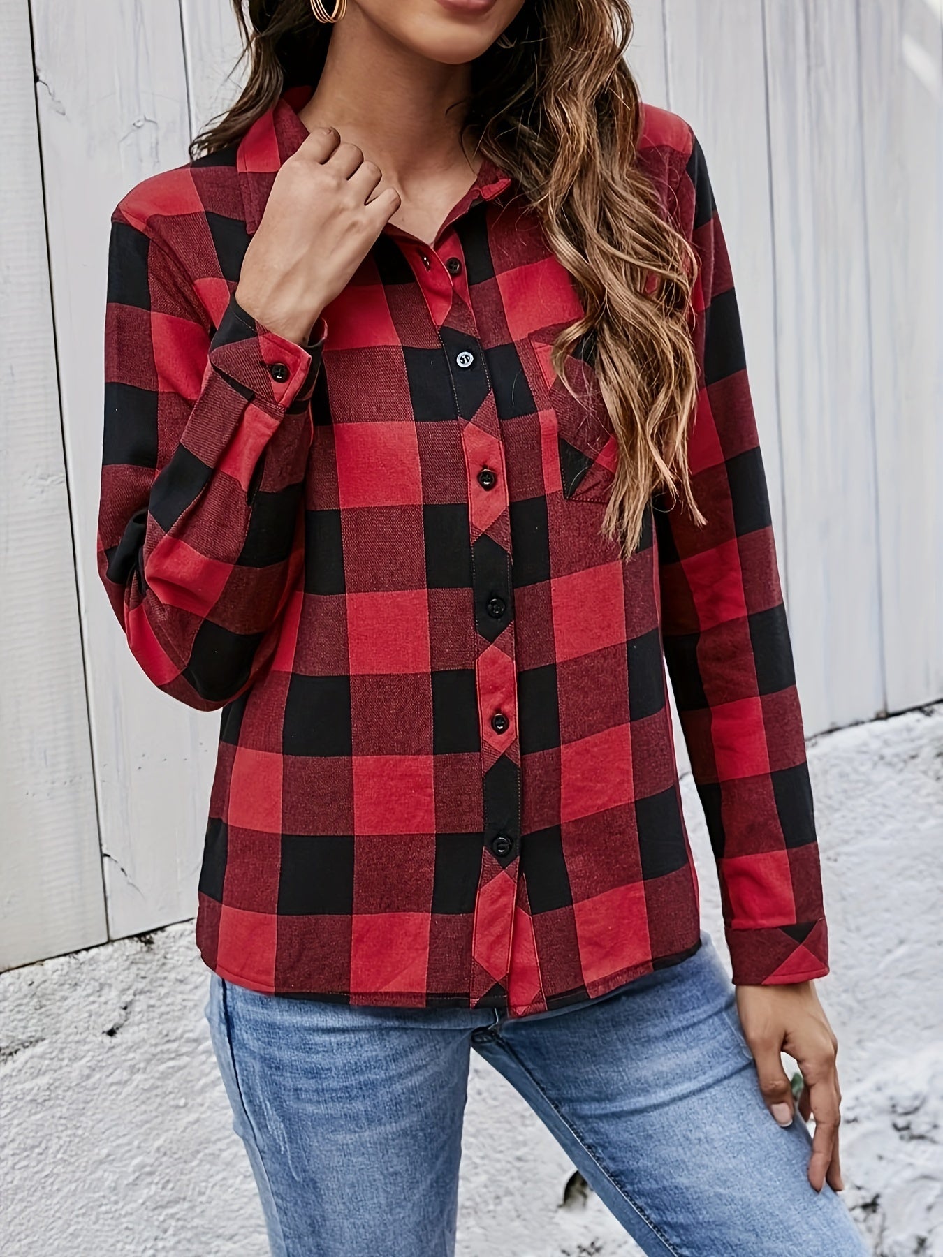  Plaid Print Long Sleeve Button Up Collar Shirt Top