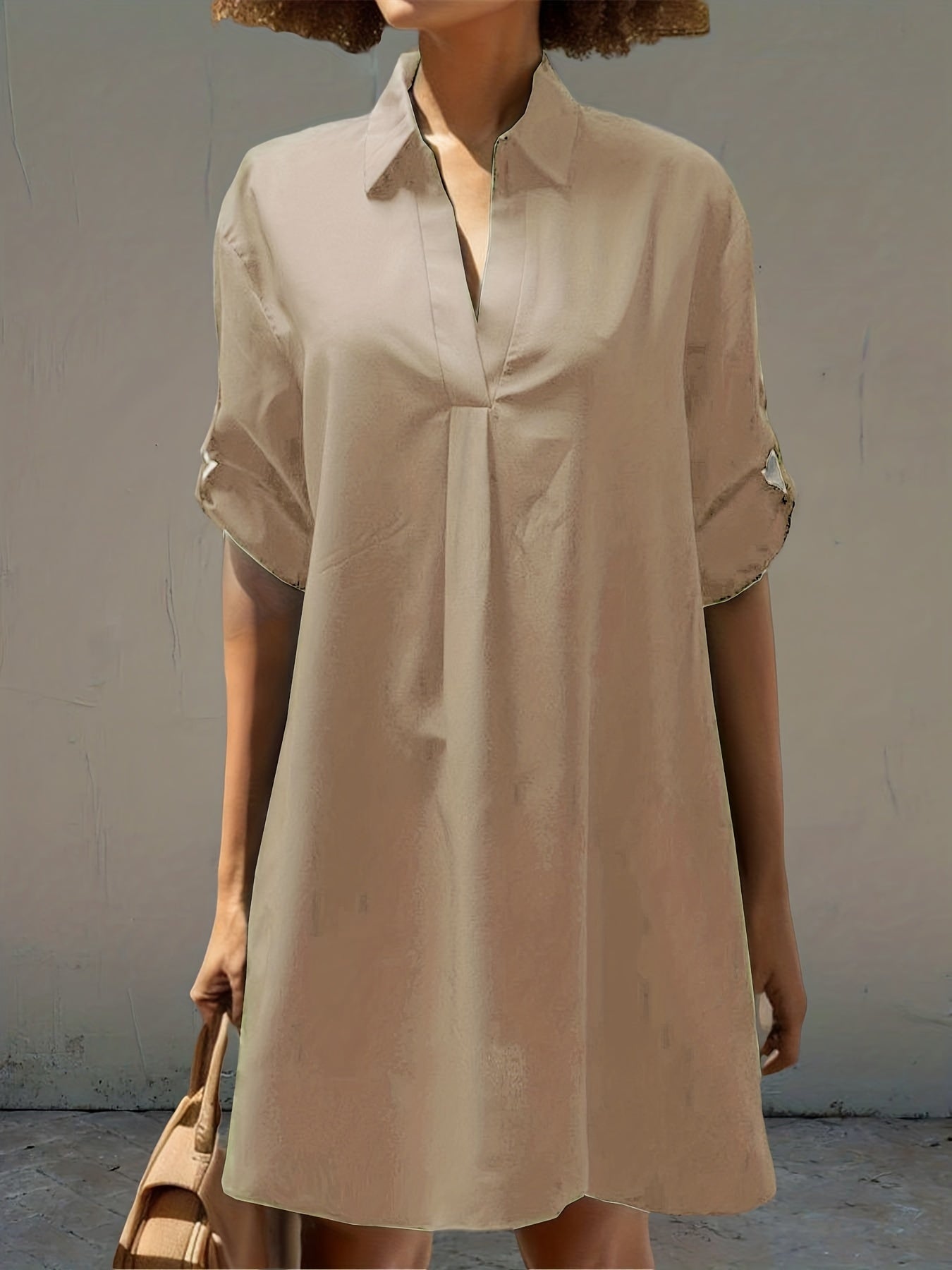 V-Neck Loose Shirt Dress Casual Solid Half Sleeve Waist Summer Beach Dress