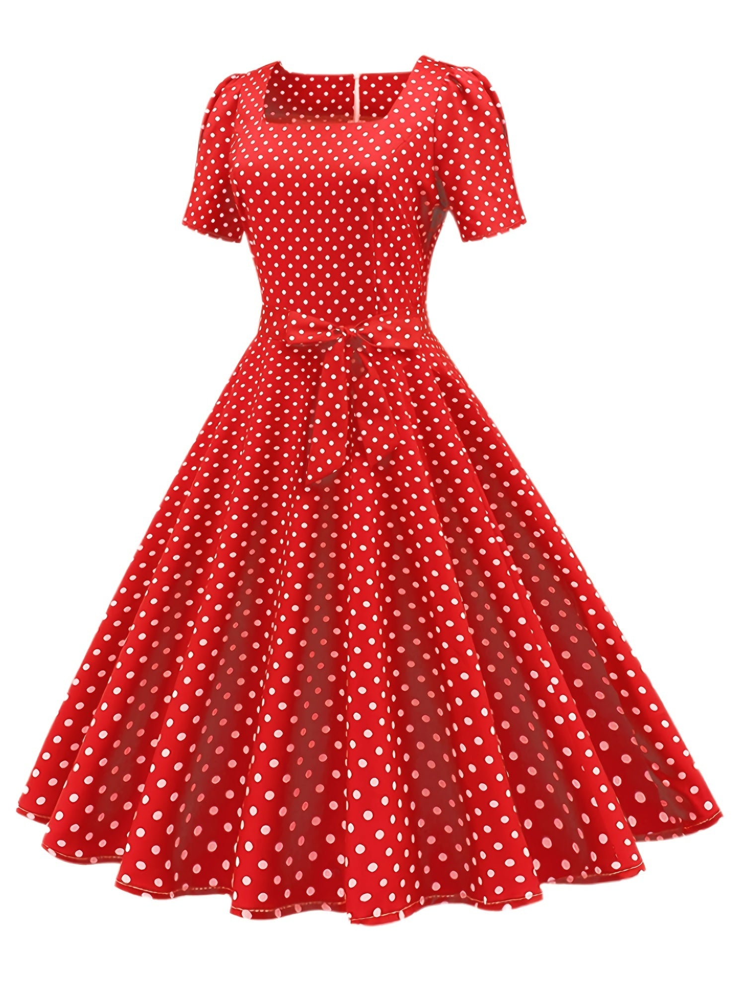 Polka Dot Bow Front Dress Vintage Square Neck Short Sleeve