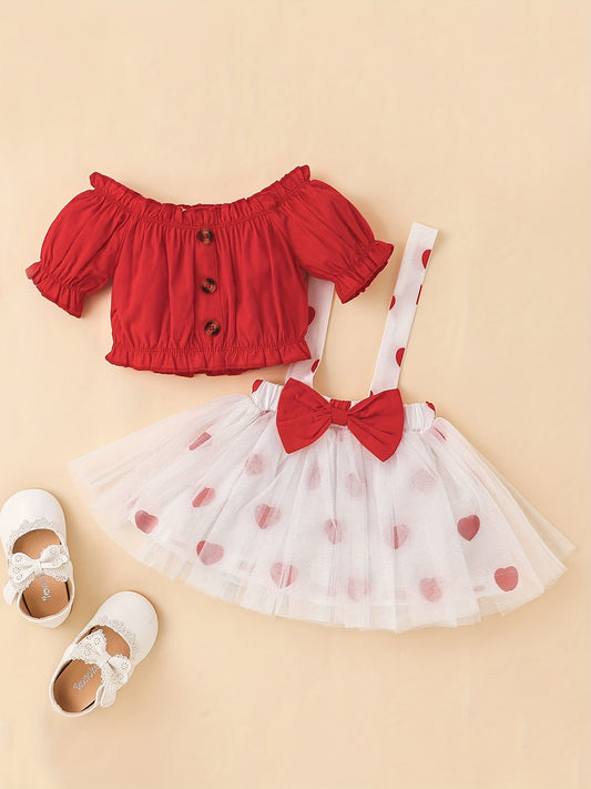 Baby Girls Off Shoulder Top Mesh Suspender Skirt