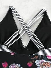  Striped & Floral Print V Neck One Piece Bathing Suit