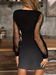  Sequin Mesh Lantern Sleeve Bodycon Party Dress