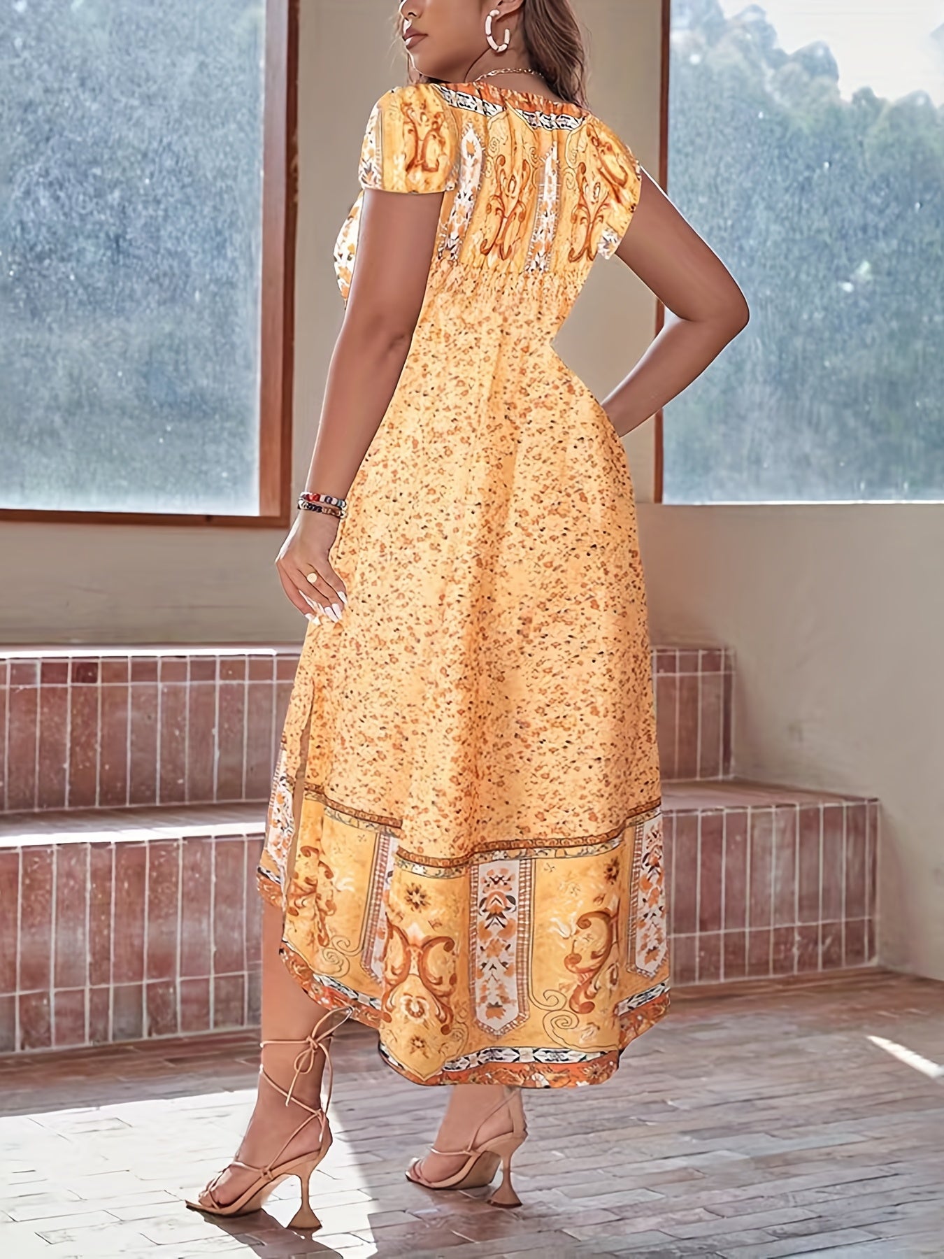  Colorblock Ditsy & Baroque Print Maxi Dress