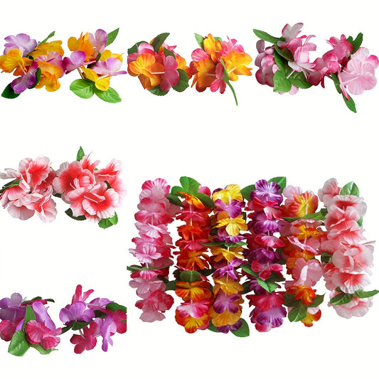 18pcs Tropical Hawaiian Luau Set Flower Headbands & Leaf Wristbands