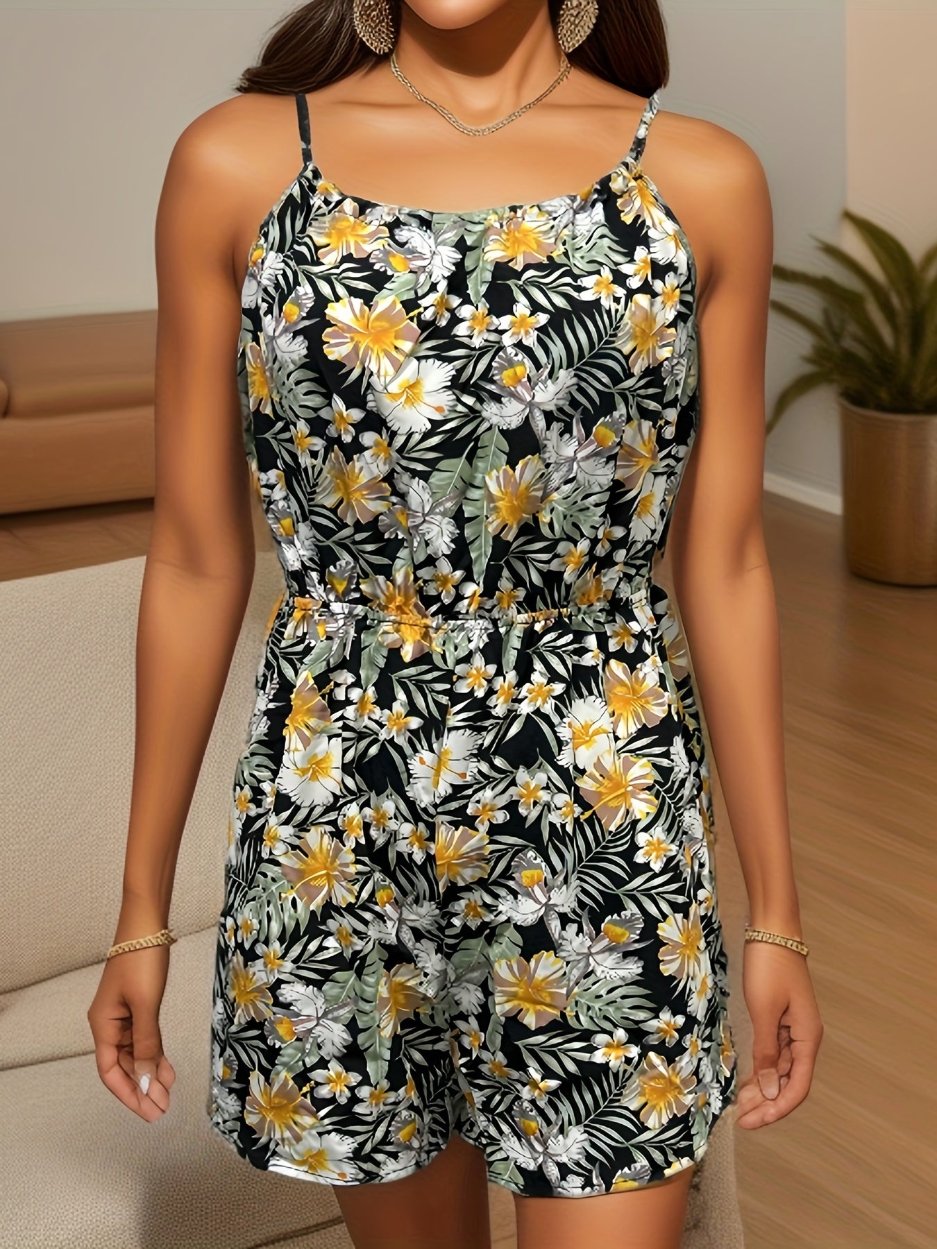 Tropical Print Cami Romper Jumpsuit Sleeveless Women's Clothing