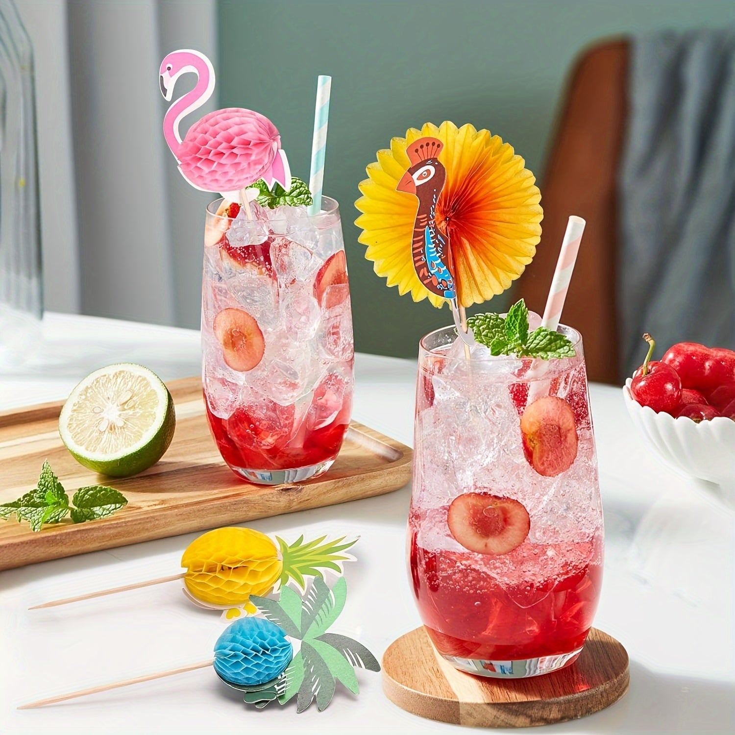 40pcs Tropical Themed Bamboo Cocktail Picks for Summer Beach Birthday Party