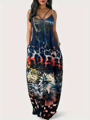  Colorblock Leopard & Floral Print Maxi Cami Dress