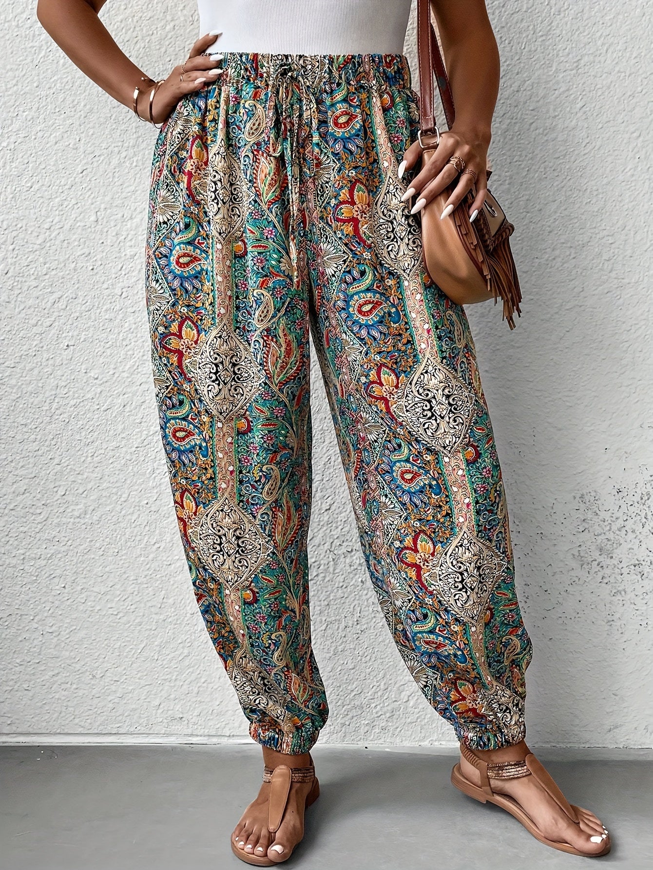  Boho Pants Women's Plus Paisley Print Tie High Waist
