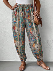  Boho Pants Women's Plus Paisley Print Tie High Waist