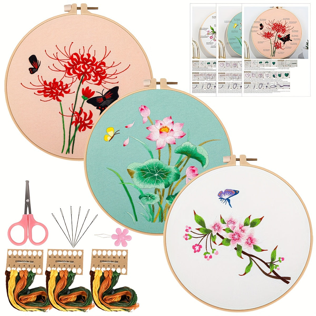 Chinese Style Flowers Lotus Manjusaka Embroidery Kit Set with Hoop 20.07cm