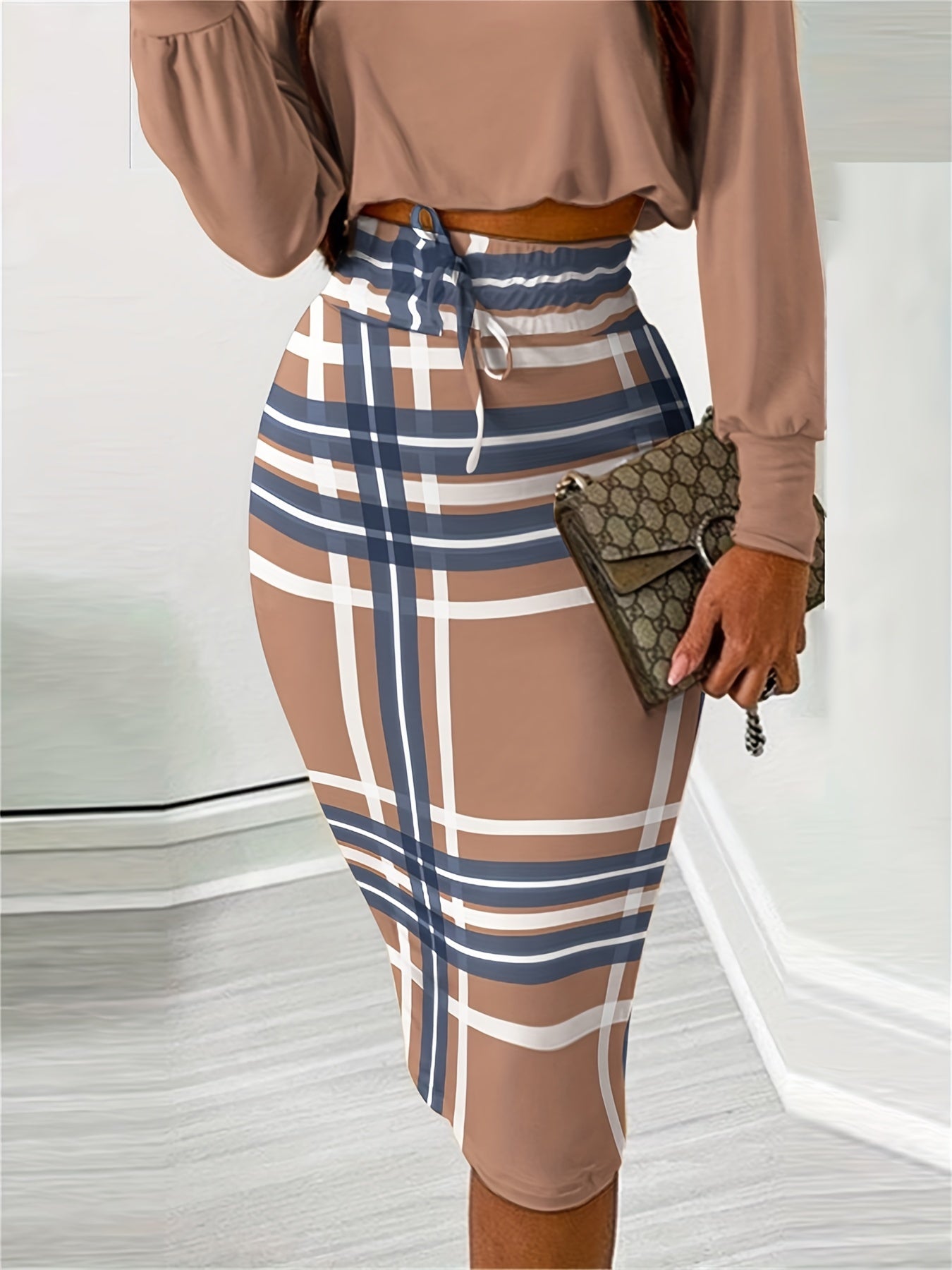 Casual Two-piece Set Solid Long Sleeve Tops & Plaid Print Split Skirts