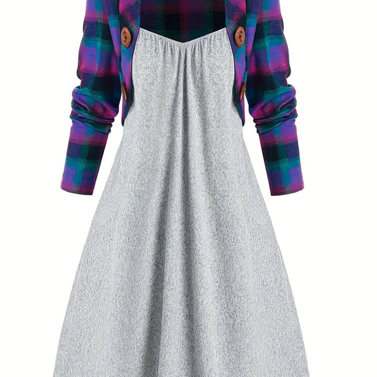  Plaid Crop Cardigan & Cami Dress Set
