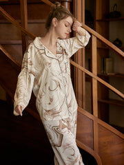 Ink Print Pajama Set Long Sleeve Top & Elastic Waistband Pants