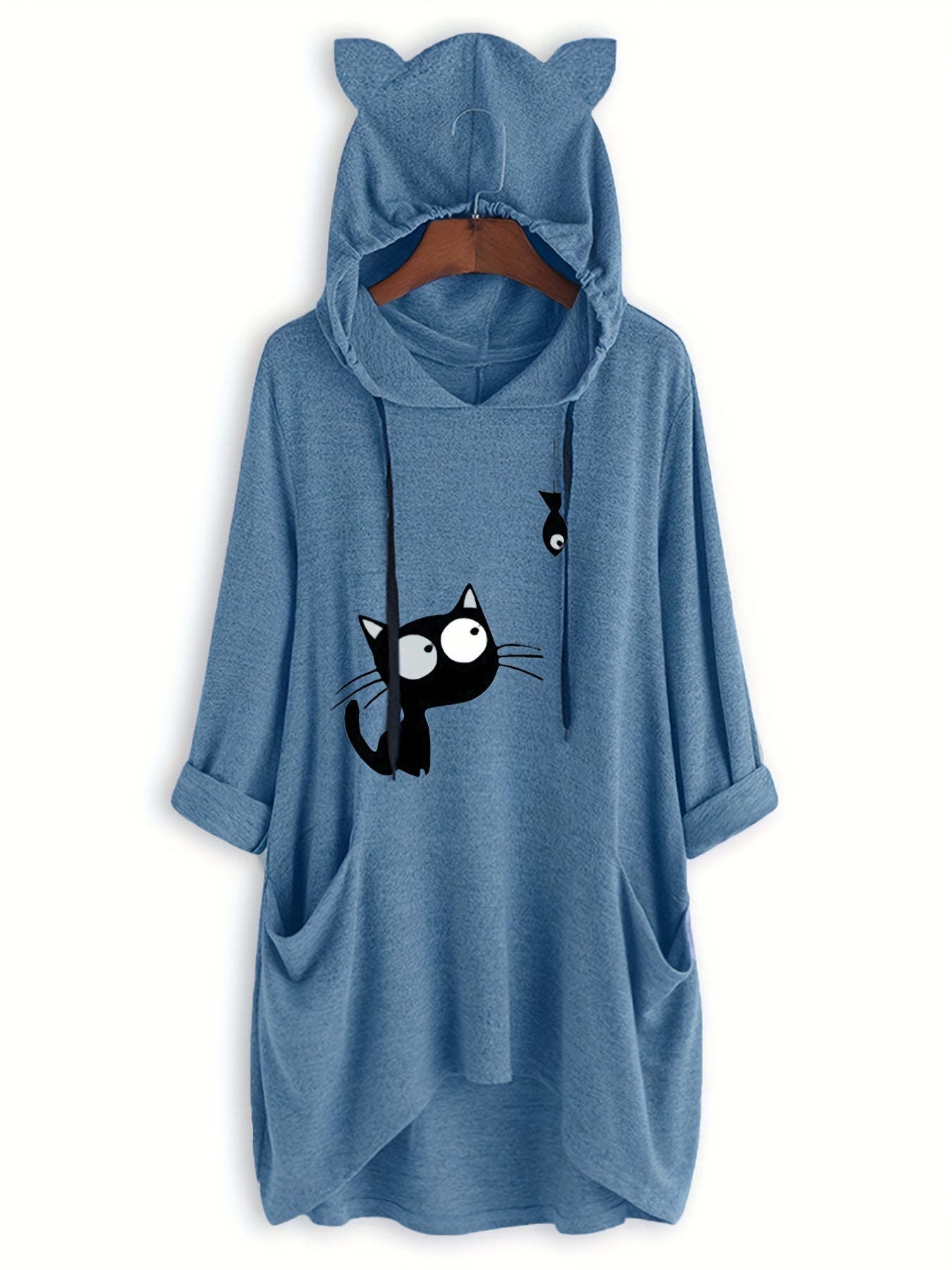 Cat Print Drawstring Hoodie Casual Long Sleeve Sweatshirt