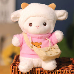 7.87in Plush Lamb Doll with Brown Horns & Bear Pattern Clothes Shoulder Bag