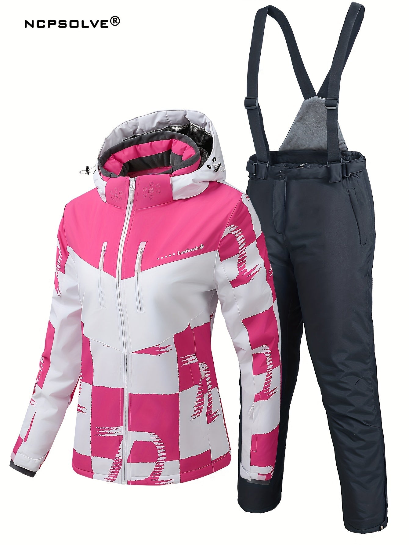 2Pcs Ski Set Full Zip Long Sleeve Jacket & Windproof Trouser Ski Suit